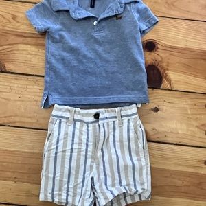 Janie & Jack Blue collared shirt with blue/white/cream striped shorts.